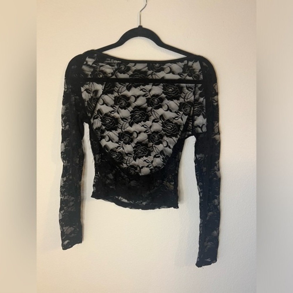 Source Unknown Sheer Black Rose Lace Long Sleeve Top